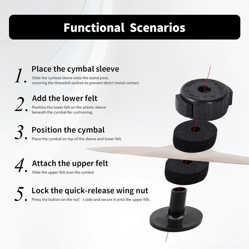 Seteol 26PCS Cymbal Replacement Accessories, Standard Hi-Hat Clutch & Cymbal Stand Felts & Plastic Cymbals Nuts & Cymbals Sleeves & Clutch Felts and Drum Key T-Shape, Replacement for Drum Set - Image 3